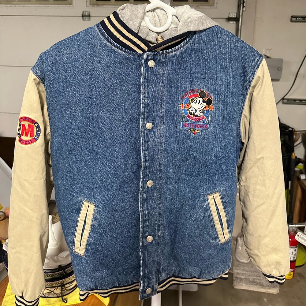 Vintage Embroidered Mickey Mouse Varsity Bomber Denim Jacket
